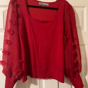 Absolutely Famous Red Blouse with Sheer Floral Sleeves
